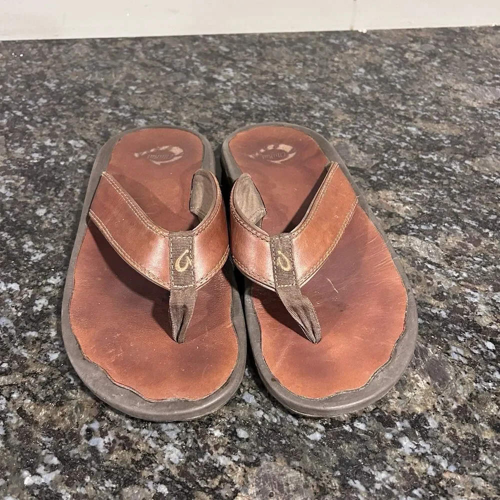 Men's Olukai Ohana Full-Grain Leather Flip-Flops Thong Sandals Size 8 EU 41